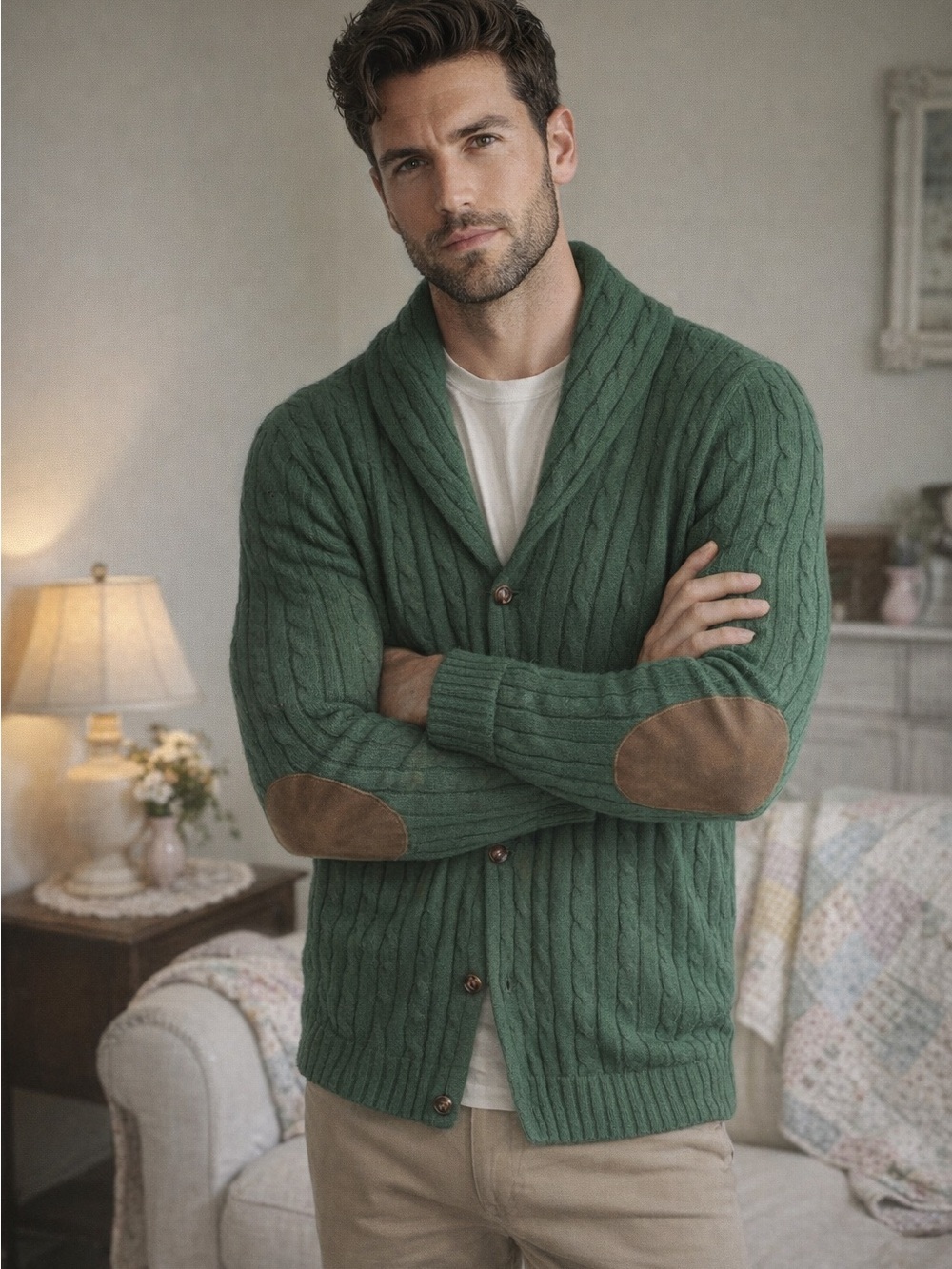 CHAPS Denim Green Cable Knit Shawl Collar Cardigan Mens L Elbow Patch Grandpa